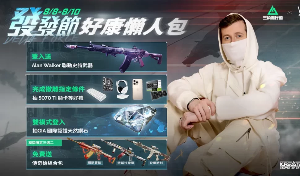 《Garena® 三角洲行動》 8/8 發發節登入就送聯名限定槍造型 再抽 GIA 國際認證鑽石及 5070 TI 顯卡