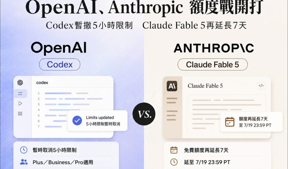 OpenAI、Anthropic 正面交鋒！Codex 暫時取消 5 小時限制　Claude Fable 5 再延長 7 天
